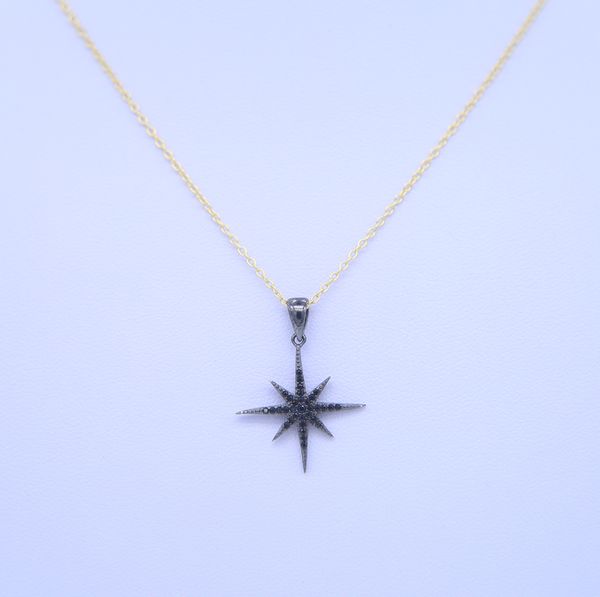 

925 sterling silver gold black color north star sun burst pendant black star necklace