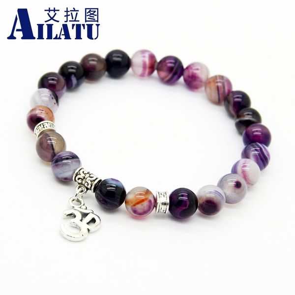 

ailatu new arrival jewelry, 8mm natural purple stone beads om, hamsa yoga bracelet, gift for men and women, Golden;silver