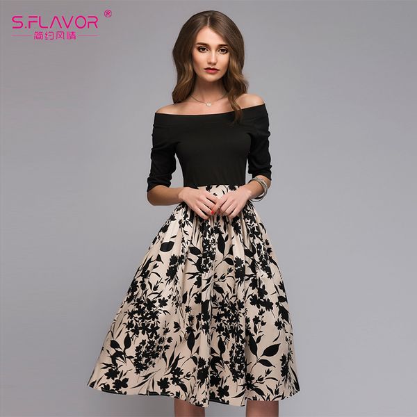 

s.flavor femme цветочные printed лоскутного платье женщина плеча sexy партия vestidos женского рассечение шея вскользь платье весны, Black;pink
