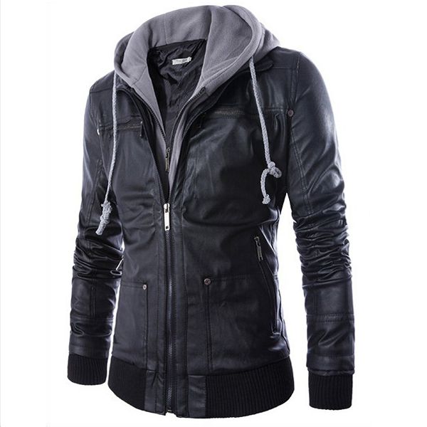 

selling men motorcycle black pu leather coats with hooded mens slim fit jackets men's jackets & coats, Black;brown