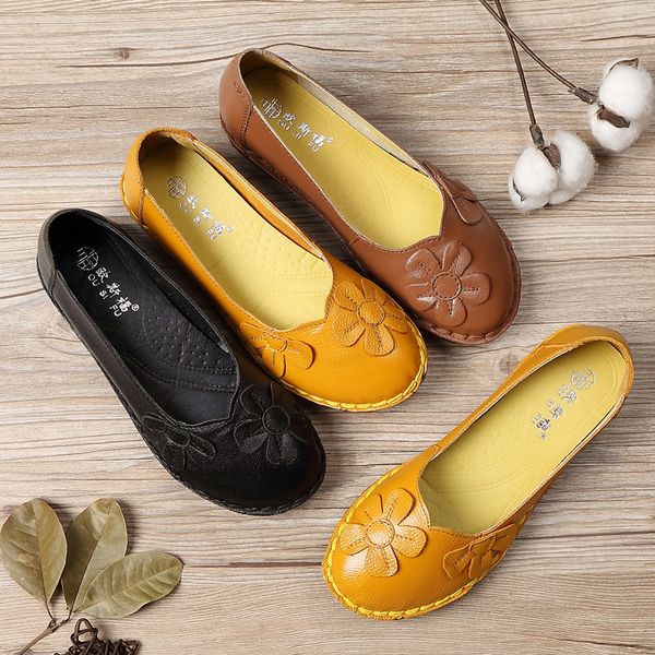 

designer women genuine leather shoes moccasins loafers ladies ballet flats retro flower slip on loafers casual shoes women flats, Black