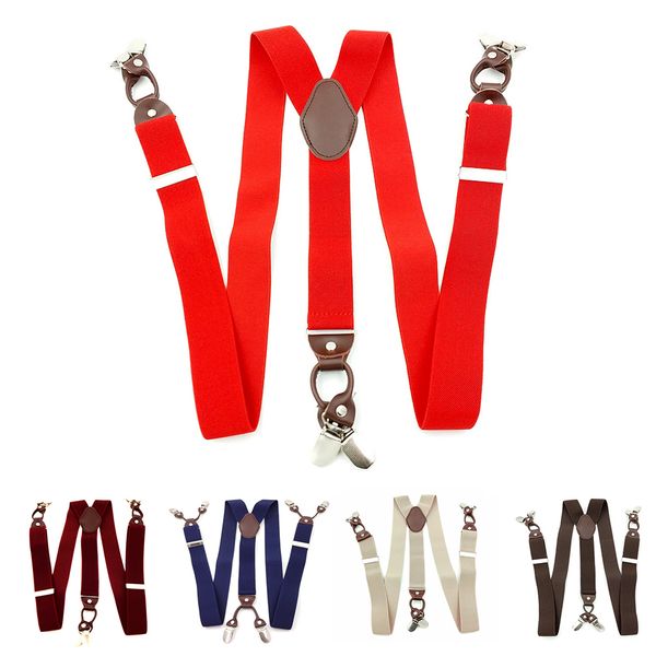 

leather alloy 6 clips y-back elastic suspenders for male vintage casual commercial wstern-style trousers(wine red, Black;white