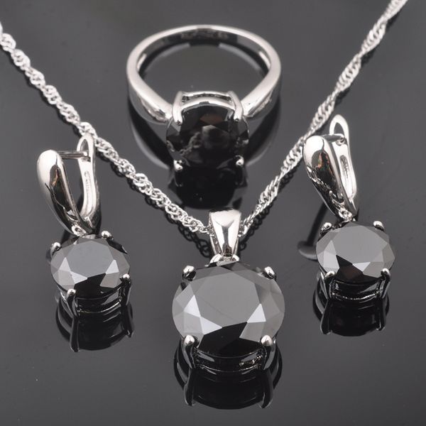 

classic round black zircon women's 925 sterling silver jewelry sets earrings/pendant/necklace/rings qz0218