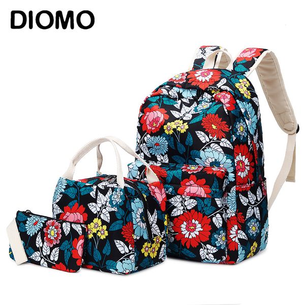 

diomo school bag set 3 pieces ethnic style flowers printing kids school bag teenagers travel waterproof three-piece backpack
