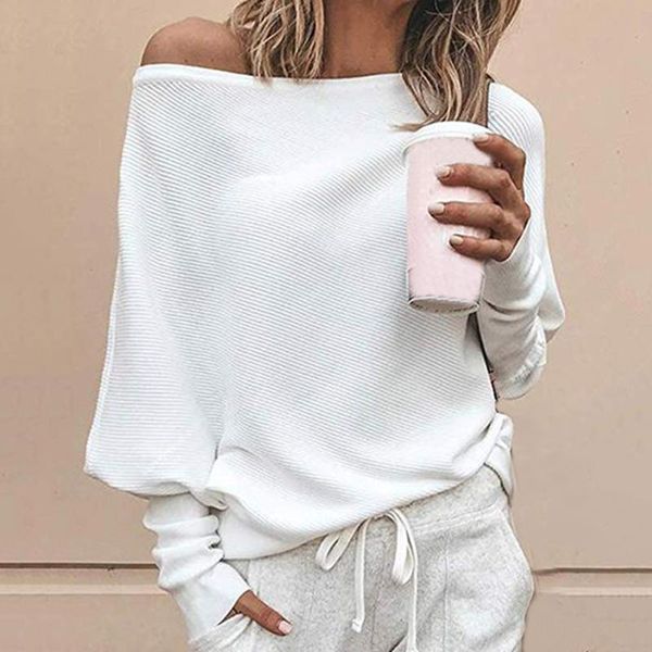 

shujin women sweater autumn fashion casual loose solid pullovers one shoulder knitted sweater ladies slash neck, White