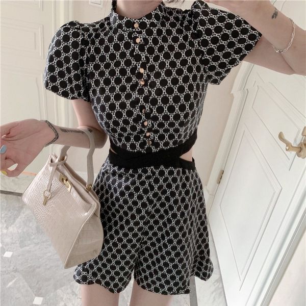 

women plaid print tie waist overlap playsuit fashion lady short sleeve grid jumpsuit rompers female summer casual overalls 2020, Black;white