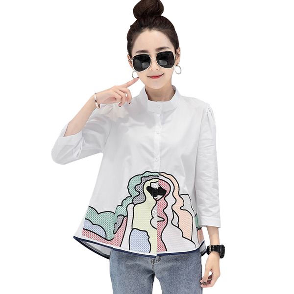 

new arrival embroidery women cotton casual shirt plus size summer embroided shirts stand collar fashion blouse, White