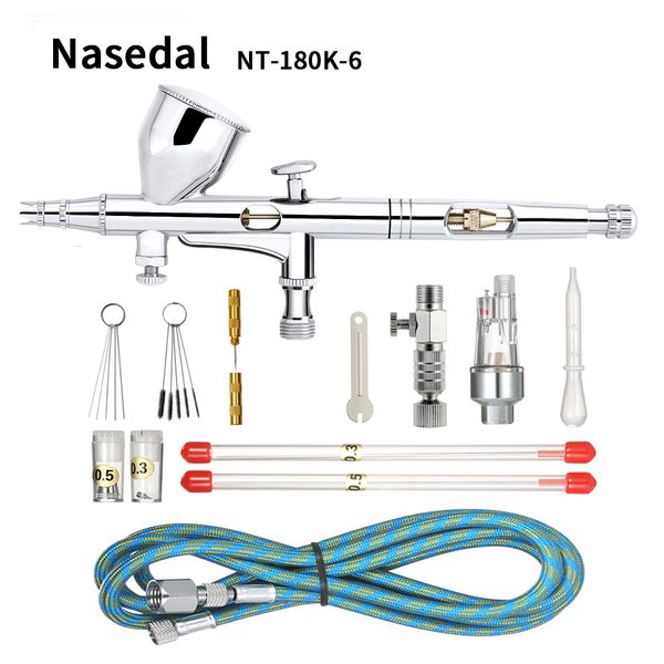 

nasedal 9cc dual-action airbrush gun paint spray gun nail air brush makeup 0.2mm/0.3mm/0.5mm nozzle needle cleaning tool hose