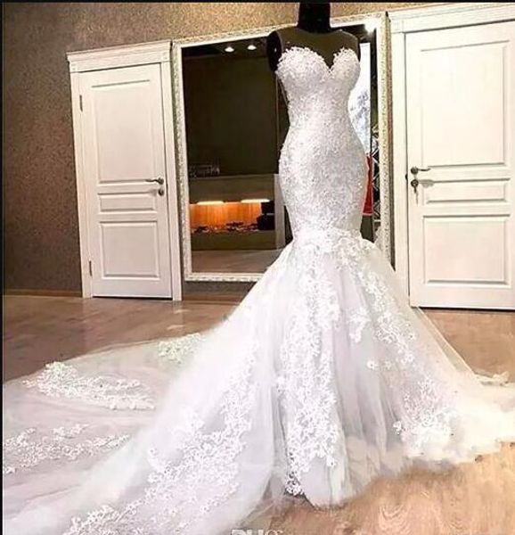 

gorgeous mermaid lace wedding dresses sweetheart appliques beads long chapel train sheer neck 2019 bridal dress for women vestido de noiva, White