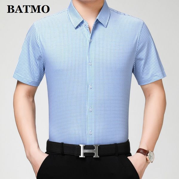 

batmo 2019 new arrival summer 100% cotton plaid smart casual shirts men,men's fashion shirts plus size g19018, White;black