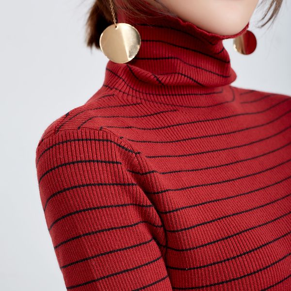 

2019 autumn and winter knitted turtleneck sweater female thick casual striped short ladies sweater wild bottom pullover, White;black