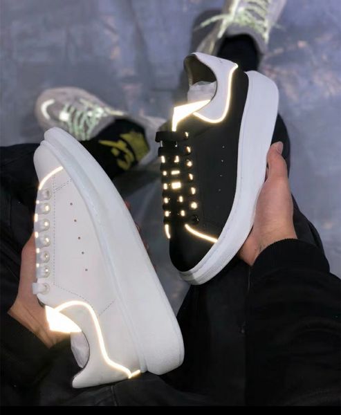 

big size 35 to 42 43 44 glow in the dark calf leather platform lace up shoes women sneakers men trainer, Black