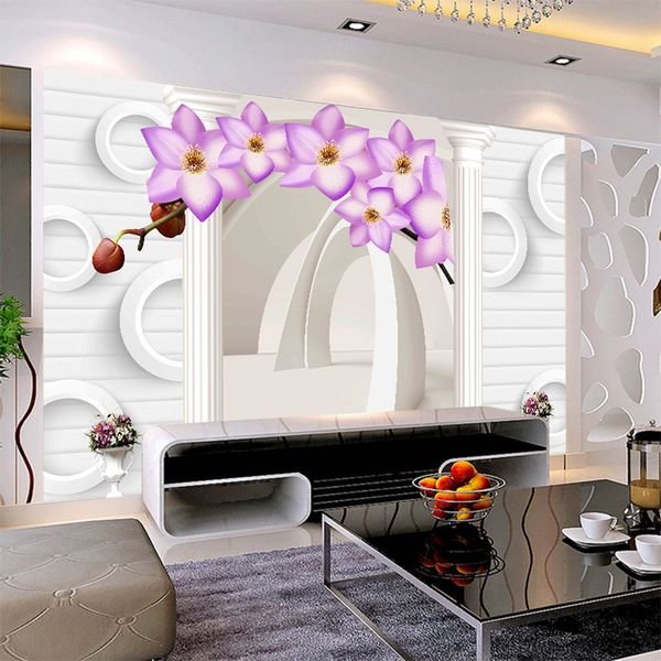 3d Romantic White Wall With Purple Flowers Simple Wallpaper Tv Sofa Bedroom Europe Roman Column Magnolia Background Wall Paper Hd Wallpaper Hd