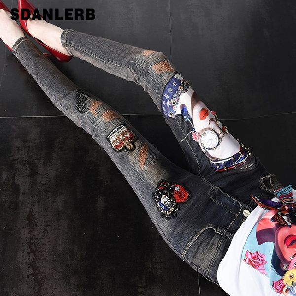 

european street jeans woman 2019 spring and autumn new embroidery slim girls denim pants vaqueros de mujer spodnie damskie, Blue