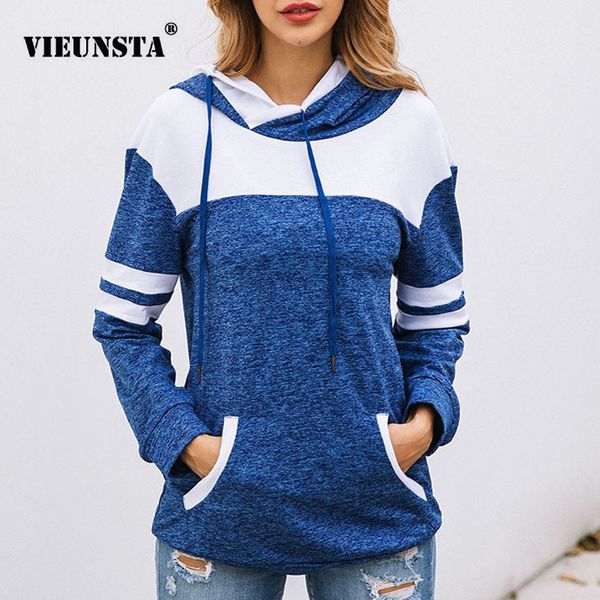 

vieunsta new plus size long sleeve hoodie sweatshirt women patchwork hooded drawstring jumper autumn winter pocket pullover, Black