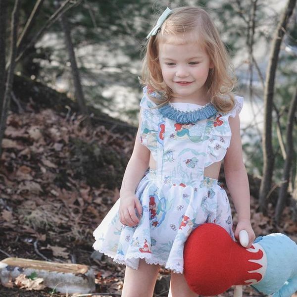 

baby girls mermaid printed dress ins 2019 infant ruffle edge back hollow out printed princess dresses kids design clothes children clothing, Red;yellow