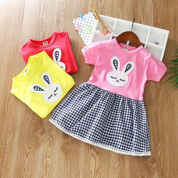 

2019 spring new small children cotton short-sleeved dress cartoon rabbit embroidered girls princess dress, Red;yellow
