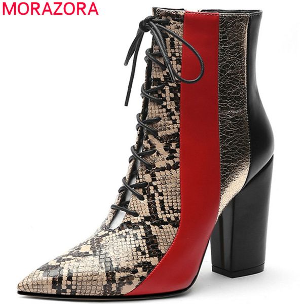 

morazora 2020 women ankle boots mixed colors pointed toe snake high heel party wedding shoes woman autumn winter short boots, Black