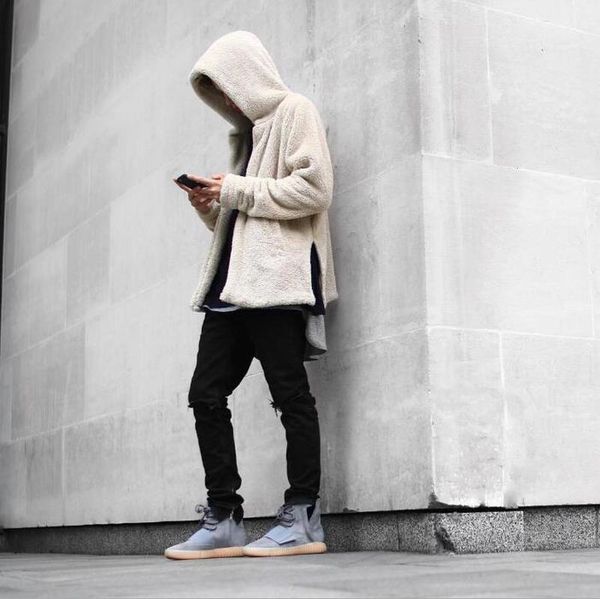 

high street fear of god lambskin jacket fog double side split hooded sweatshirt men and women winter cardigan 2 colors fashion, Black