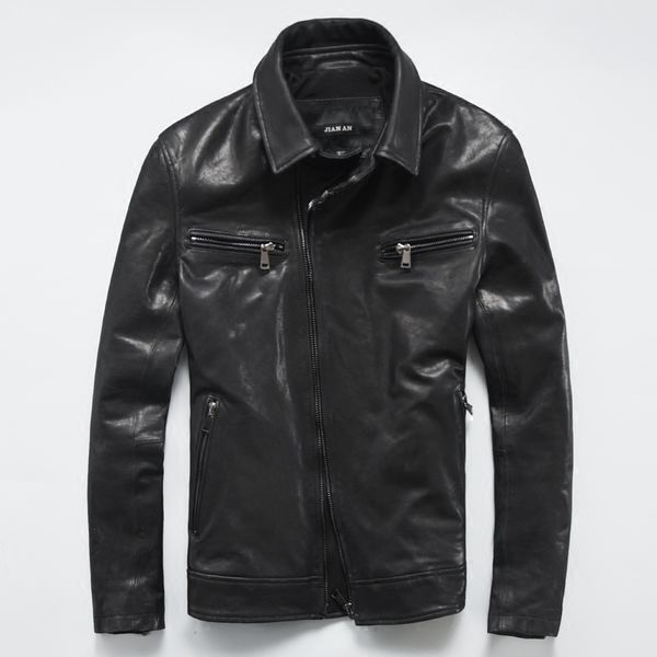 

genuine leather jacket mens slim sheepskin leather jacket lapel casual locomotive short leather jacket male, Black