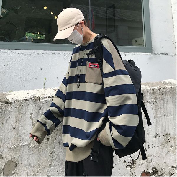 

2019 spring and autumn new contrast color striped stitching loose sweatshirt casual pullover navy blue yellow / army green, Black