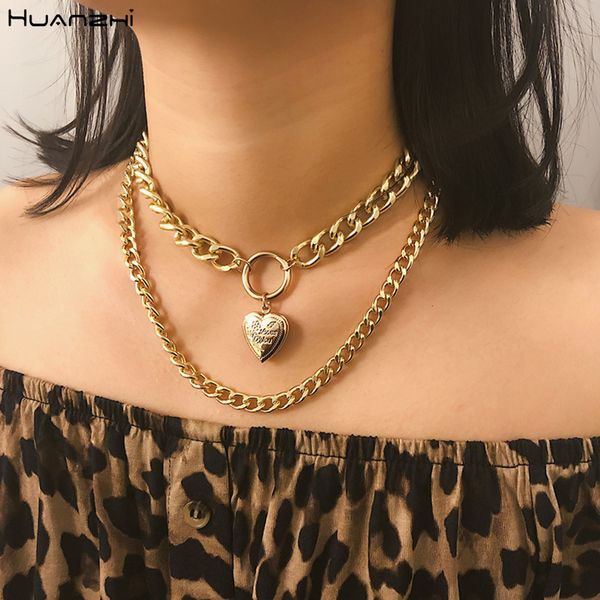 

hz korea 2019 new punk metal heart open thick chain round hollow multilayer pendant long choker necklace for women girls party, Golden;silver