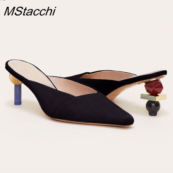 

mstacchi new arrival genuine leather women shoes summer slip-on outside slippers women retro asymmetric high heels shoes, Black