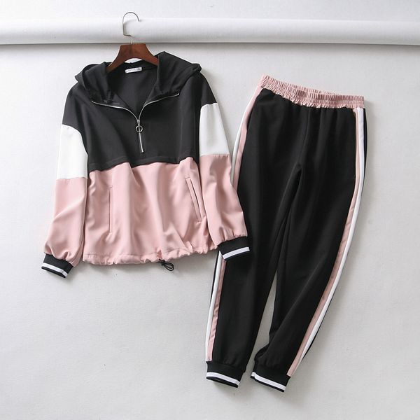 

two women piece set outfits for women slim color stitching jacket pocket casual jacket and jogging casual pants suit, White