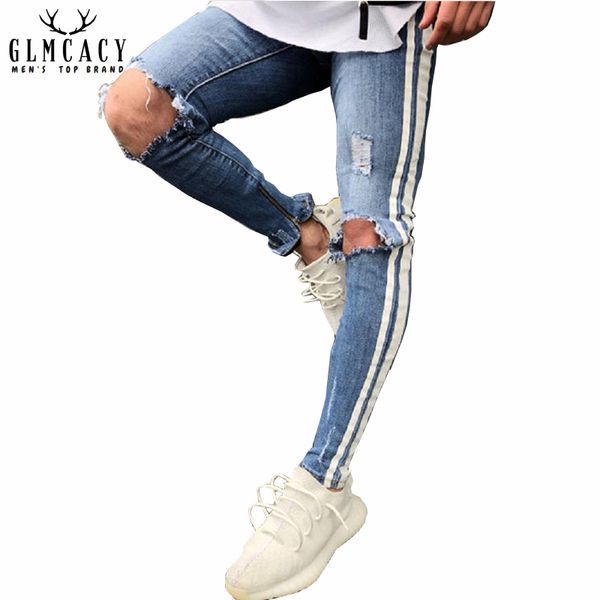 

Men's Side Stripe Distressed Jeans Ripped Denim Pants Ankle Zipper Jeans Elastic Vintage Wash Blue Hole Pencil Pants