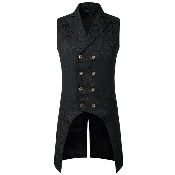 

men sleeveless lapel collar double-breasted steampunk gothic jacquard coat vest, Black;white