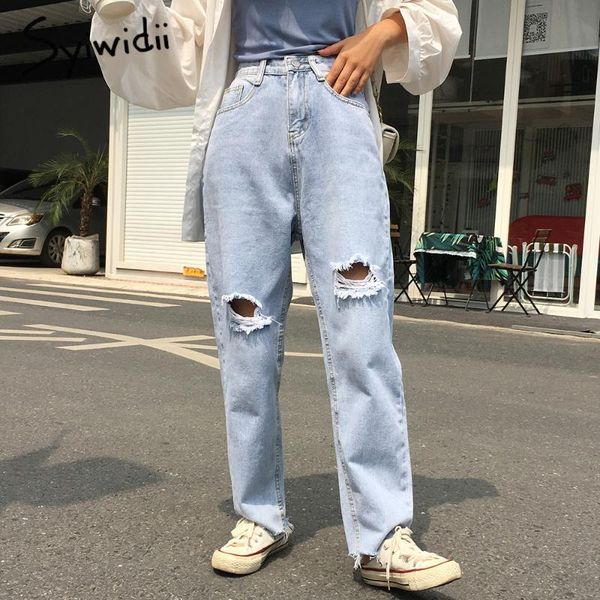 

women's jeans 5xl plus size high waist woman mom boyfriend ripped for women full length demin pants trousers tassel hole loose, Blue