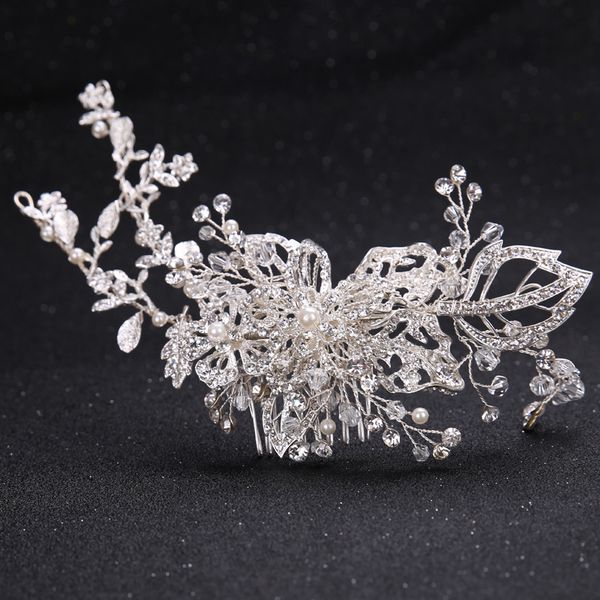 

silver luxury bridal hair combs handmade plant style rhienstone wedding hair accessories pearl zinc alloy head decoration, Golden;white