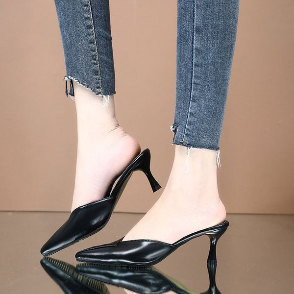 

6.5cm pumps mid-heeled slippers female sandals 2019 summer korean version of the wild commuter stiletto high-heeled, Black