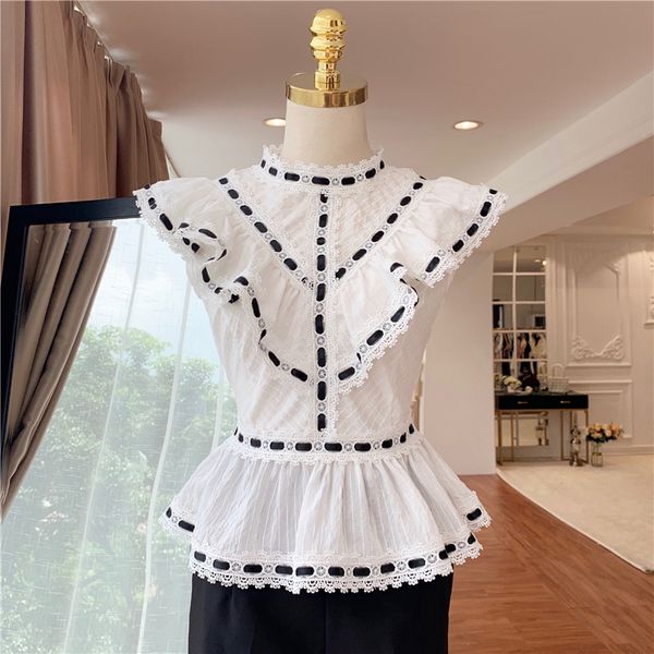 

high street designer blouse women's contrast color ruffle blouse top, White
