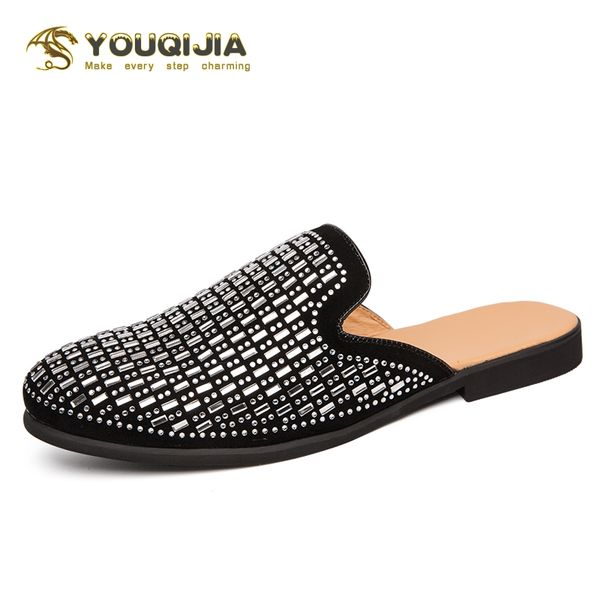 

youqijia summer rhinestones upper men slippers outdoor garden shoes male pool sandals flip flops lightweight mules beach slides, Black
