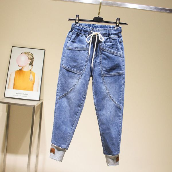 

new elastic waist women's jeans mum drawing stretch trousers high waist harem lace up jeans for women casual denim pants, Blue