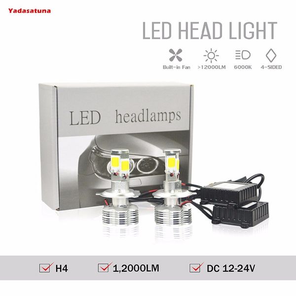 

2x12v h4 hi/lo led faro bombillas alquiler led 120w 12000lm lampara con la viruta del cob para el coche vehiculo no canbus