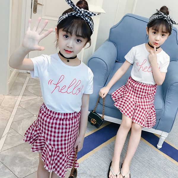 

summer girl clothes set children clothing outfits short sleeve t-shirt+plaid skirt suit teen girls clothing 4 6 8 10 11 12 years, White