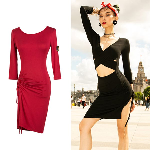 

women latin dance dress cha cha samba rumba tango salsa ballroom practice dancing wear lady modal training dresses dc4147, Black;red