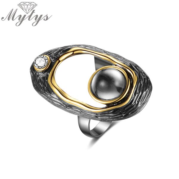 

mytys black gun hollow design old vintage ring black pearl gold wire frame crystal embellishment r2161, Golden;silver