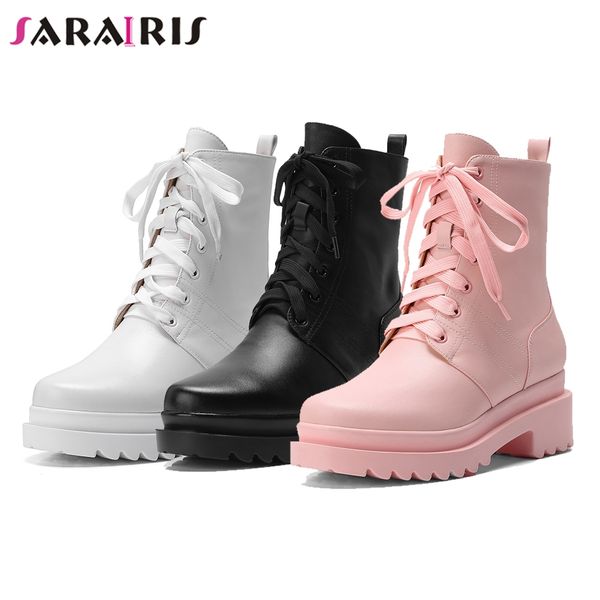 

sarairis ankle boots women 2019 autumn genuine leather platform booties sweet girl pink high heels shoes woman, Black