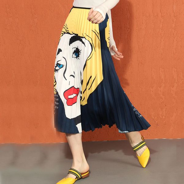 

women skirts pleated skirt spring fashion summer women 2019 elegant ladies high waist cartoon patterns print mid calf umbrella, Black