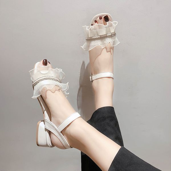 

med block heels 2020 sandals clear shoes buckle strap suit female beige all-match medium chunky women's comfort block heeled, Black