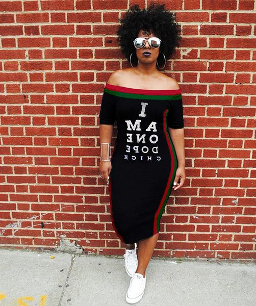 

women's fashion striped letters print off the shoulder short sleeve midi casual club party dress, Black;gray