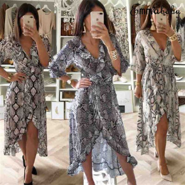 

new fashion snake maxi dress womens ruffle vintage floral print deep v neck high low long dresses evening party clubwear dress, Black;gray