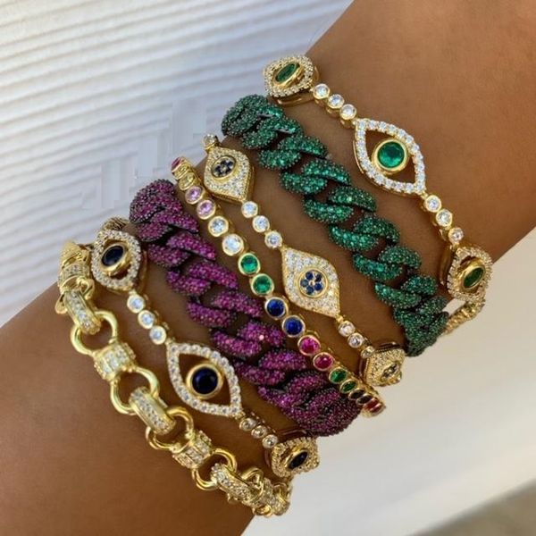 

gold filled green white cz cubic zirconia bezel cz tennis chain 3 pcs evil eye charm bracelet, Golden;silver