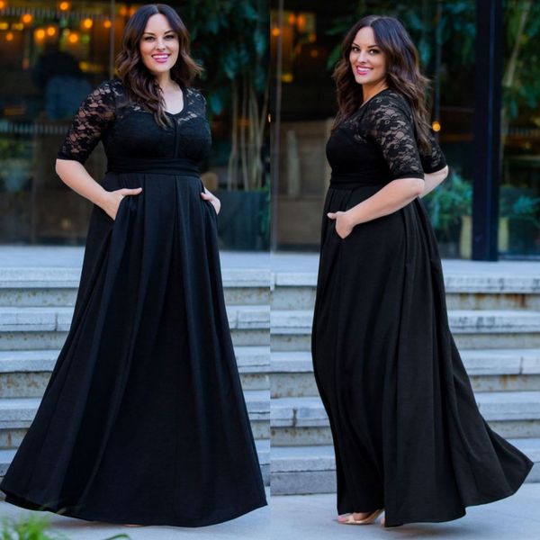 Hot Sale Preto Plus Size Vestidos de noite Jewel Neck Chiffon Prom Vestidos com mangas meia A Linha Andar Comprimento do vestido formal