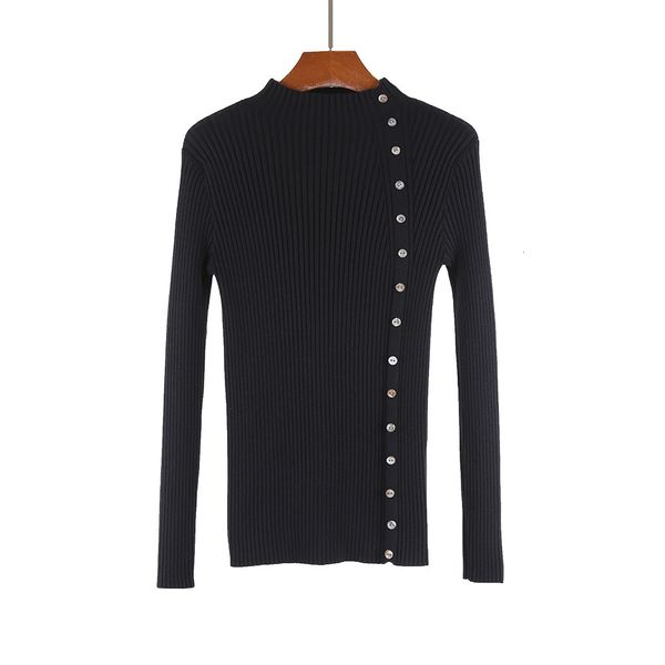 

new autumn winter women button half high collar sweater pullover ladies pure color button slim elastic knit 2020 pull femme, White;black