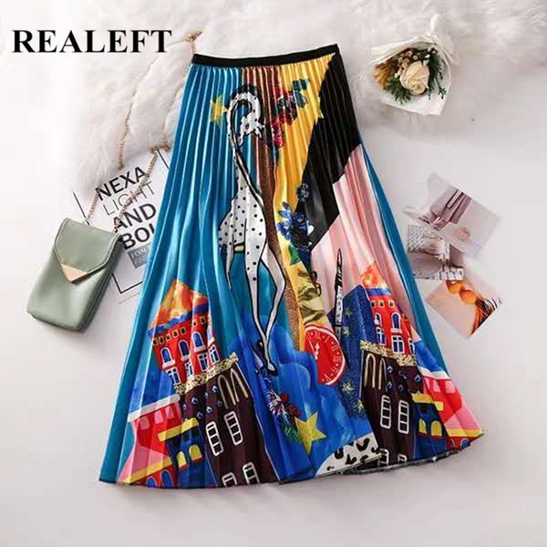 

realeft new arrival spring women cartoon printed elegant pleated long skirts high waist harajuku tulle a-line mid-calf skirts, Black