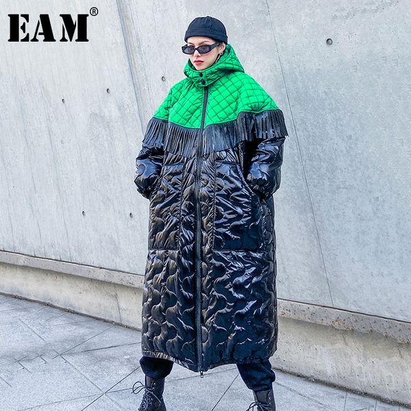 

eam] plaid big size hooded cotton-padded coat long sleeve loose fit women parkas fashion tide new autumn winter 2019 19a-a836, Black